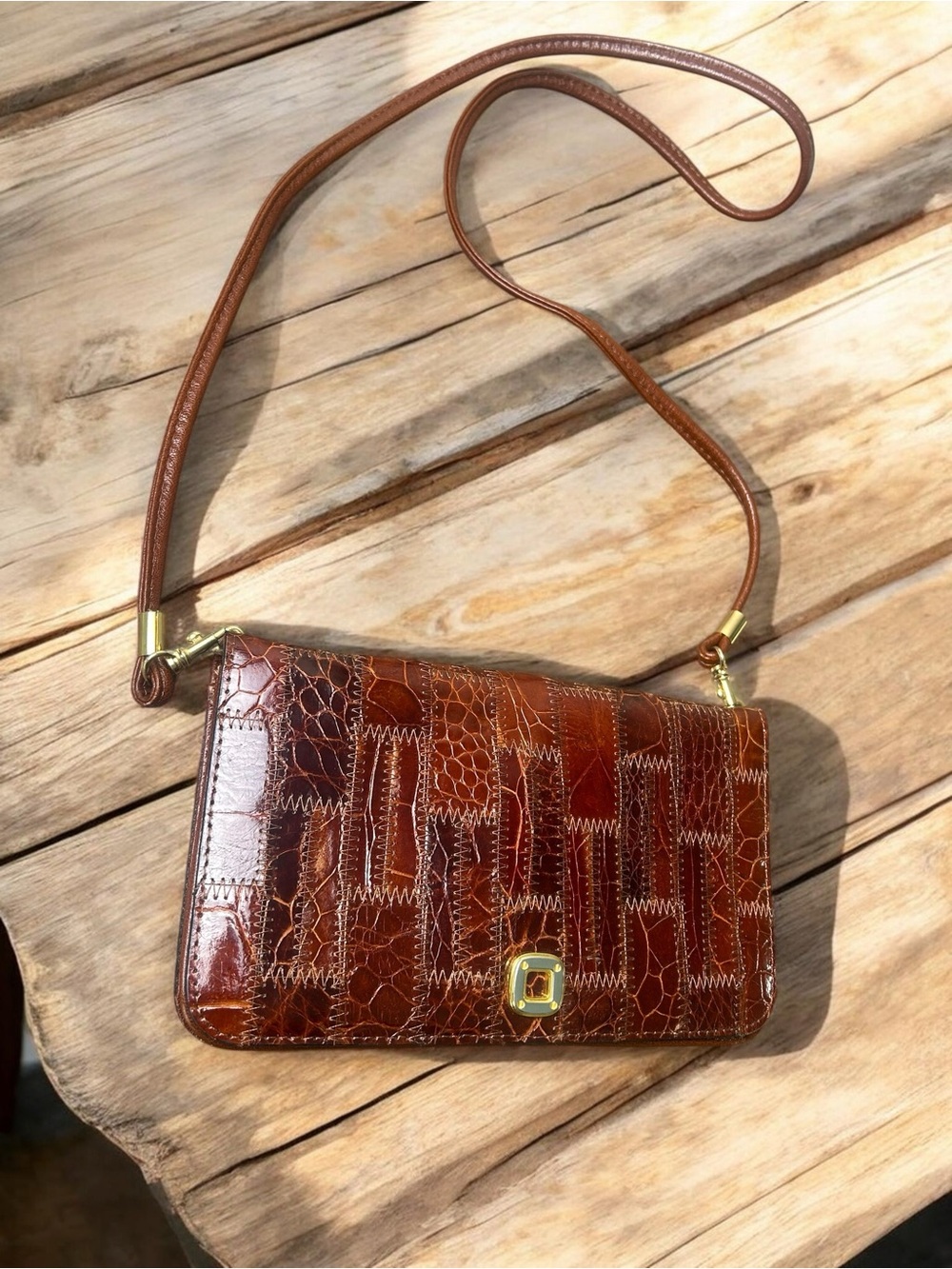 Vintage Pourchet Paris Brown Patchwork Leather CrocEmbossed Crossbody Bag France